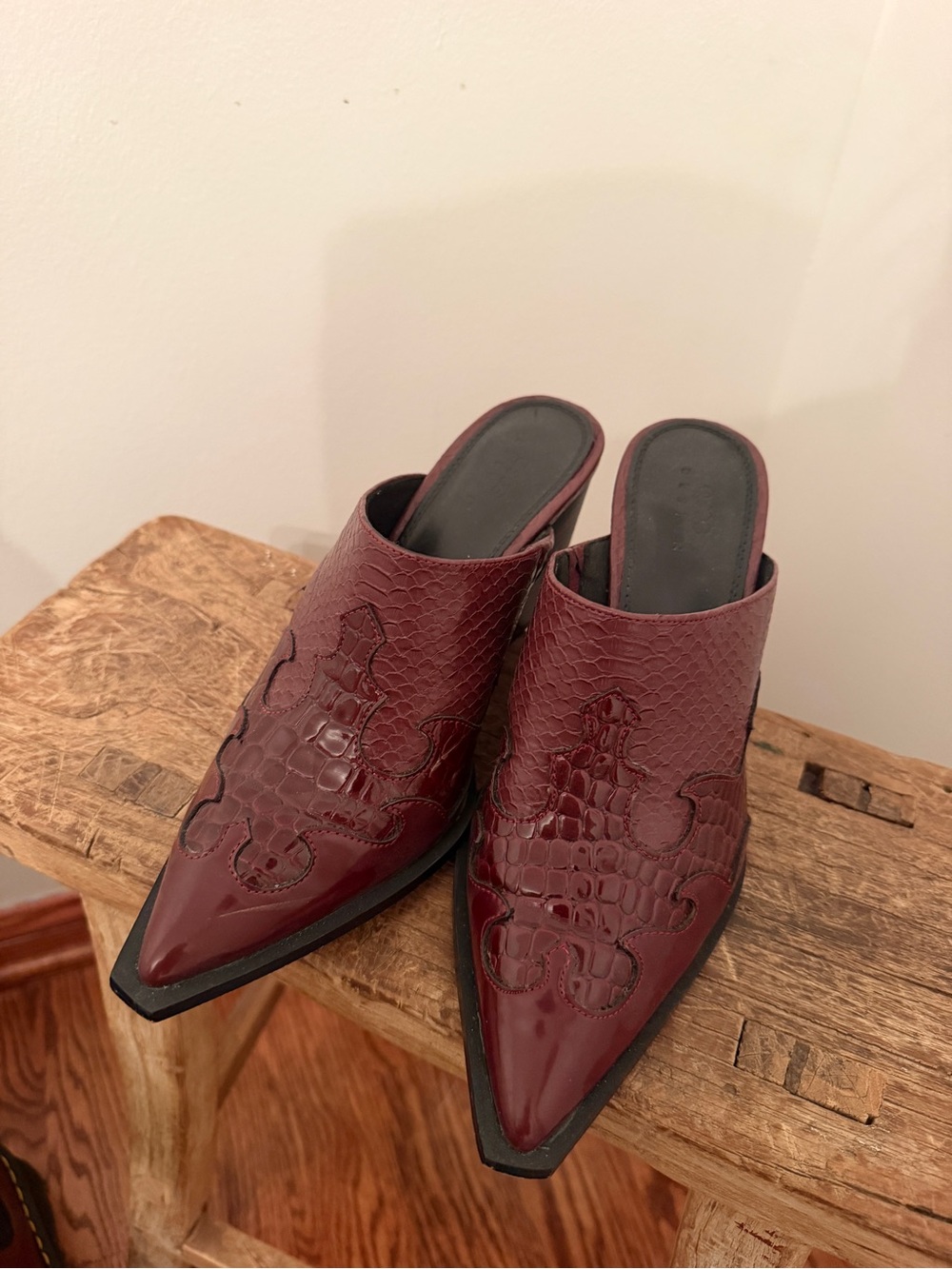 ASOS Burgundy Croc-Embossed Pointed Mules